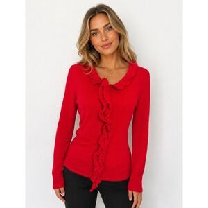 Prive 100% cashmere red sweater Ruffled ‎ neck fold collar size Medium